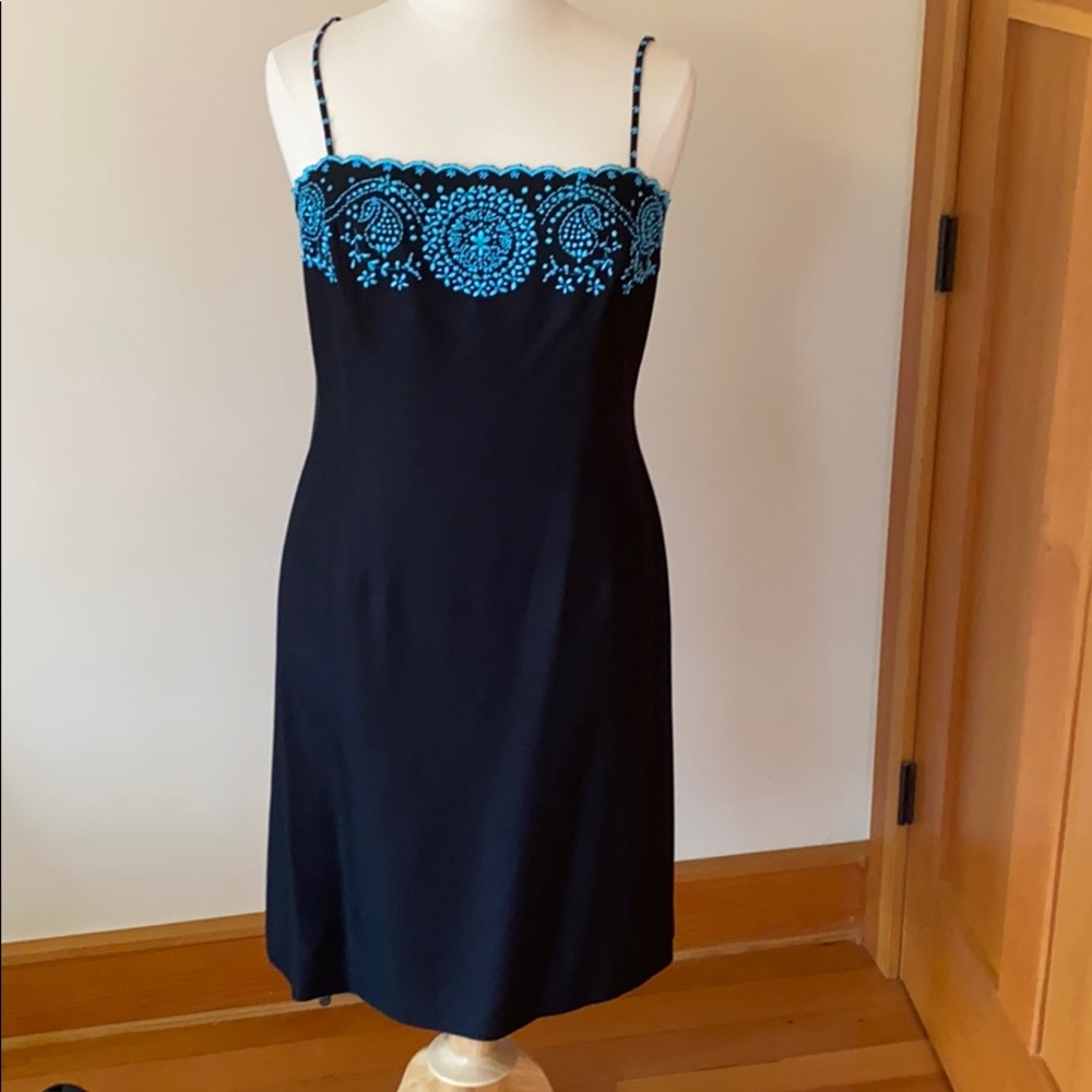 Black silk spaghetti strap dress w/ turquoise